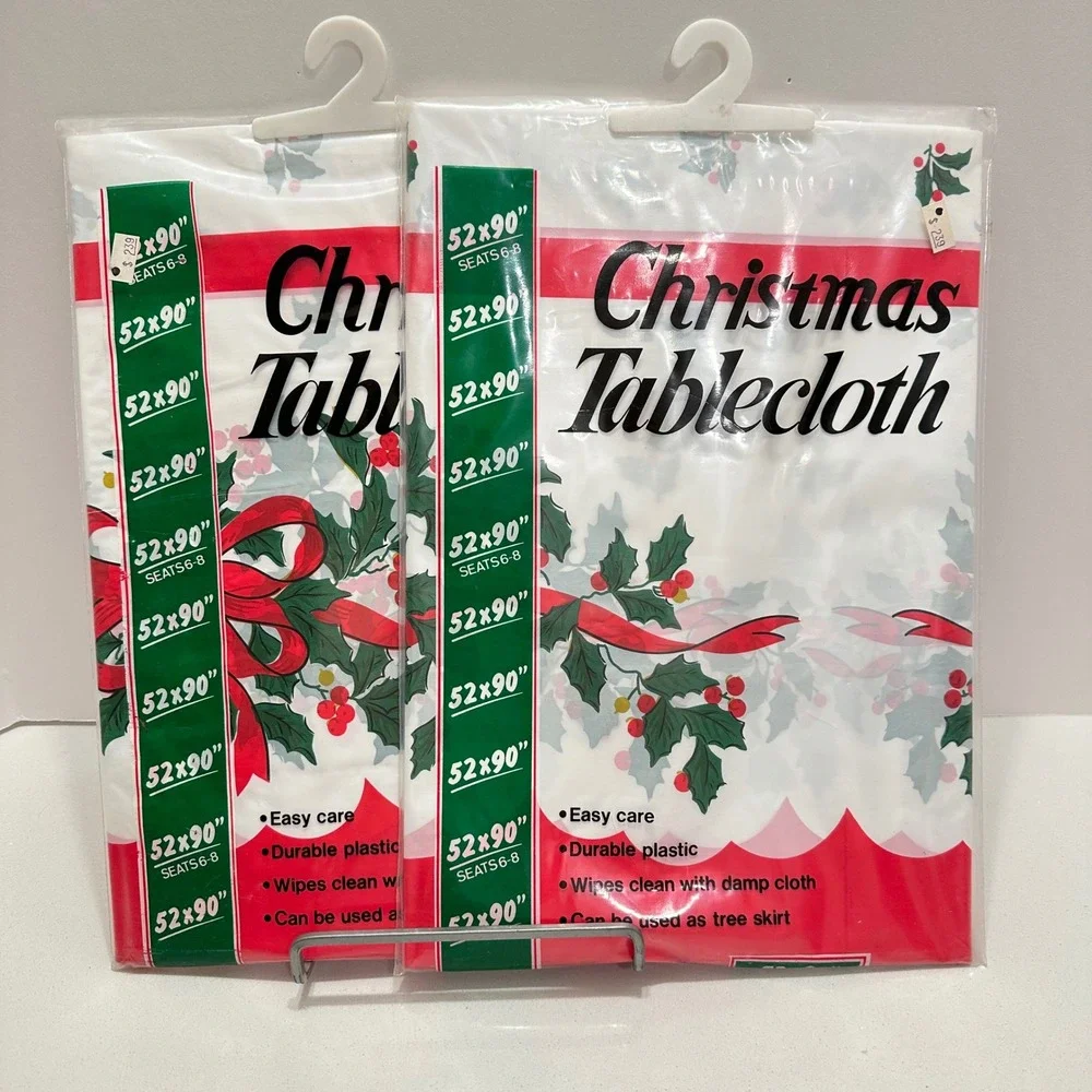 Vtg Maytex Mills Christmas Tablecloth Lot of 2 Holly Berry Red Bow Plastic 52x90